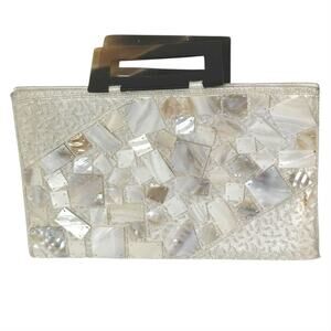 Vintage Mad Bags Satin Abalone Beaded Tortoise Top Handle Bag White